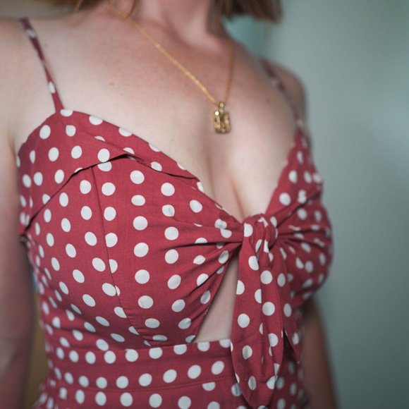 Burnt Orange Polka Dot Peek-a-Boo Dress - Picture 3 of 3